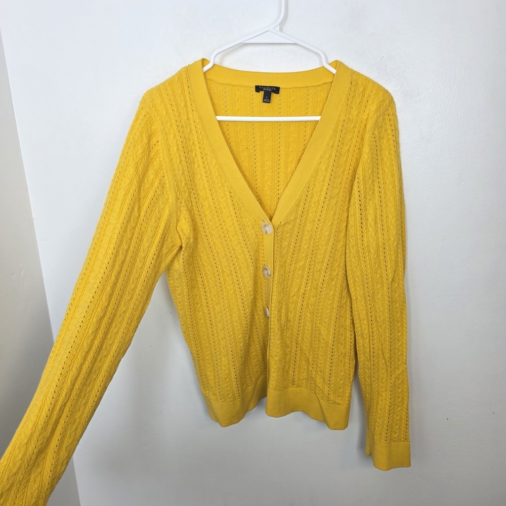 Talbots Yellow Pointelle V-Neck Classic Cotton Preppy Twee Mature Cardigan Sz L - Picture 3 of 7